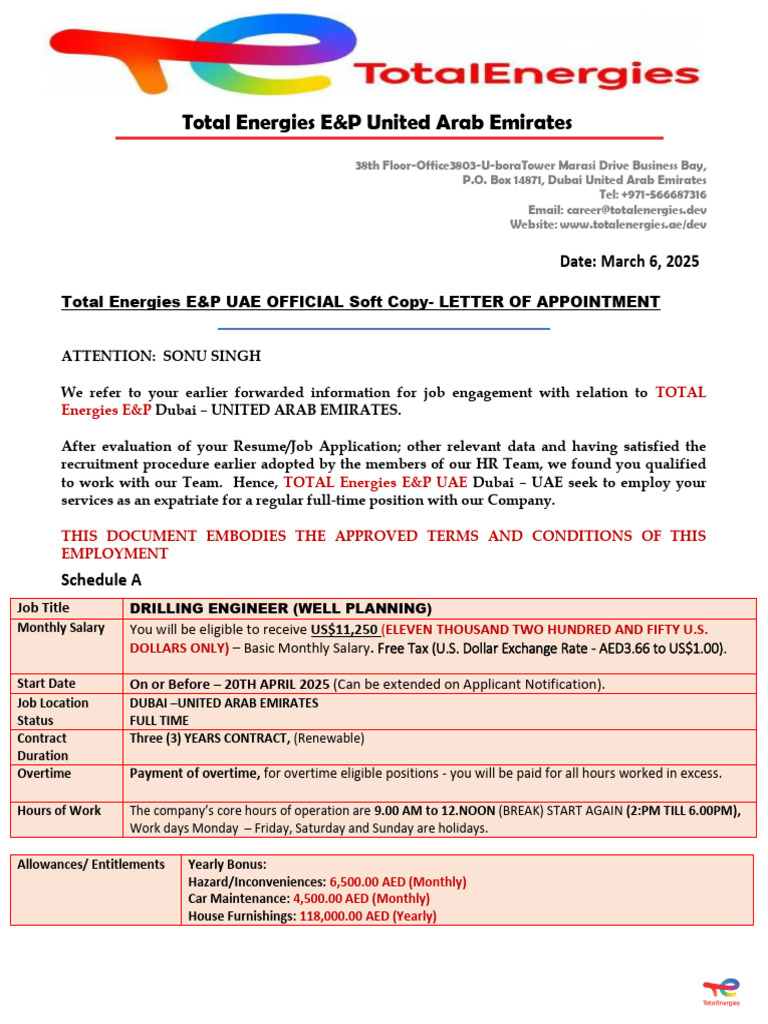 Total Energies UAE Job Offer Details | PDF | Employment | United Arab ...