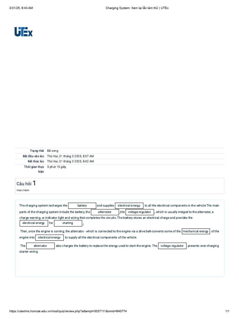 Charging System - Xem lại lần làm thử - UTEx | PDF