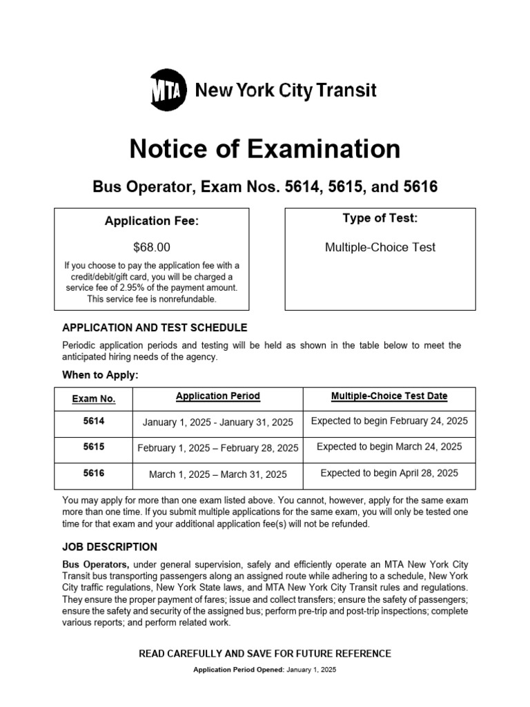 MTA Bus Operator Exam Details 2025 | PDF | Driver's License | Identity ...