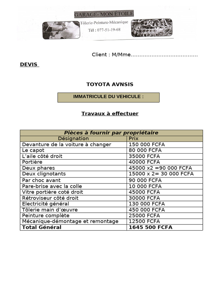Devis réparation carrosserie Toyota Avensis | PDF