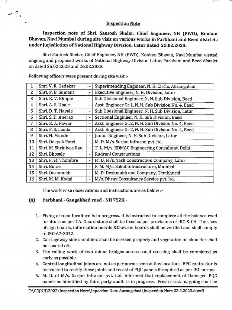 Inspection Note Dated 25.02.2023 | PDF