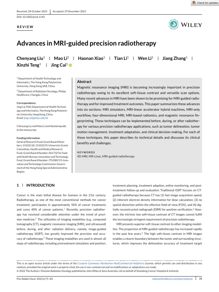 Precision Radiation Oncology - 2022 - Liu - Advances in MRI Guided ...