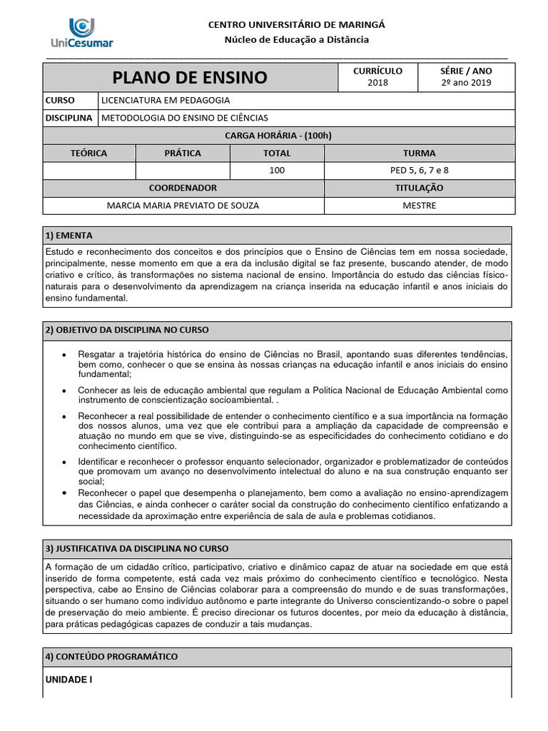 Metodologia do Ensino de Ciências 2019 | PDF | Science | Pedagogia
