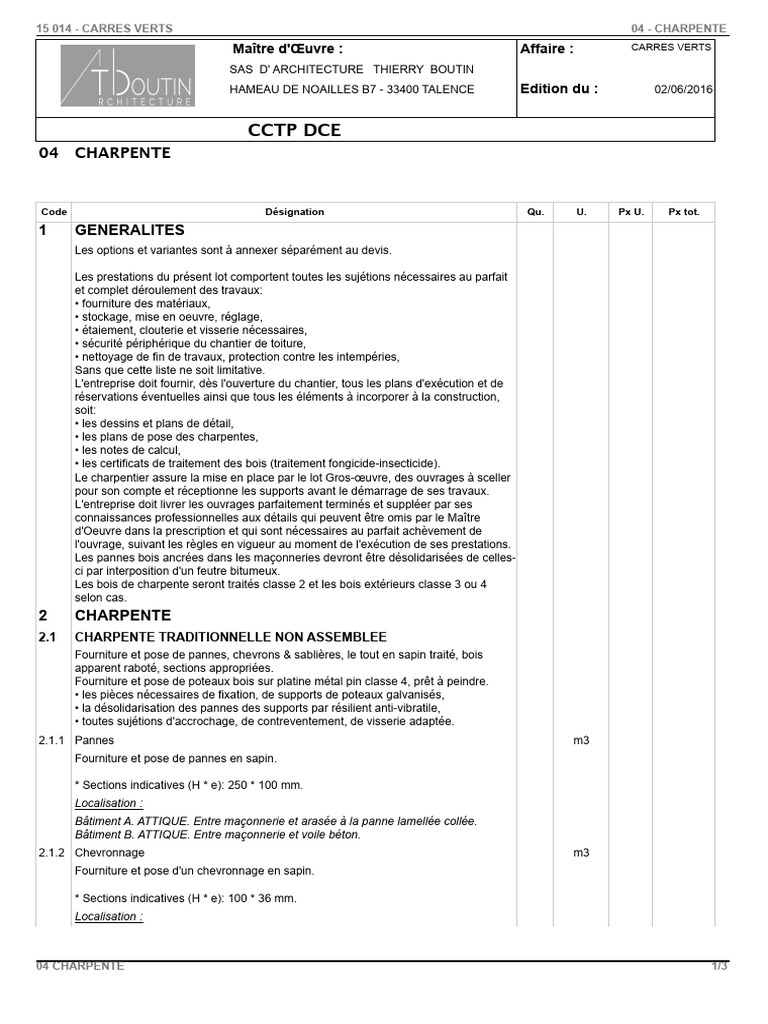 CCTP Charpente Bois - Carres Verts | PDF | Bois (matériau de ...