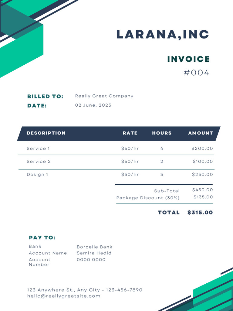 Invoice for Services Rendered to Really Great Company | PDF