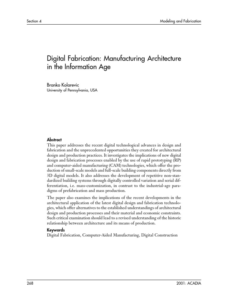 Digital Fabrication in Architecture | PDF | 3 D Printing | Secondary ...