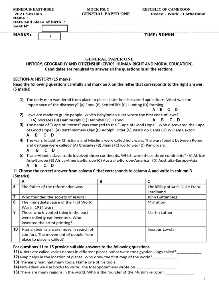 Mock FSLC General Paper 2021 | PDF | Cameroon | Planets
