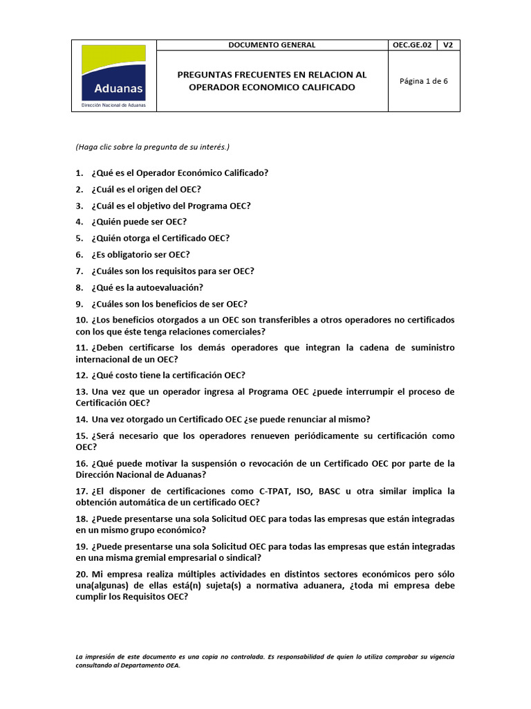 Preguntas Frecuentes sobre OEC | PDF | aduana | El comercio internacional