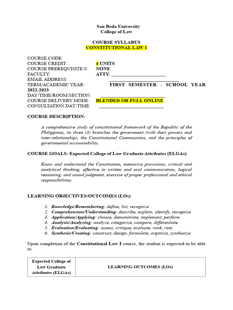 Constitutional Law 1 Syllabus Overview | PDF | Supreme Court Of The ...