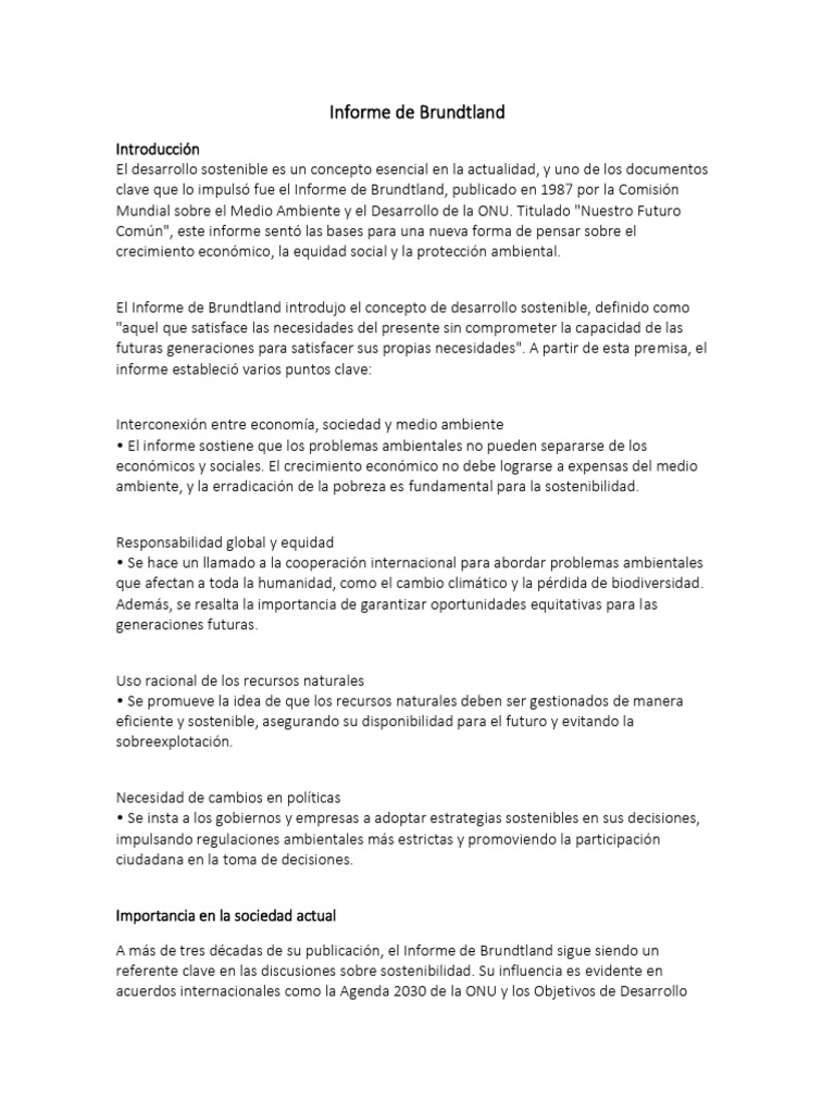 Informe de Brundtland y Desarrollo Sostenible | PDF | Sustentabilidad ...