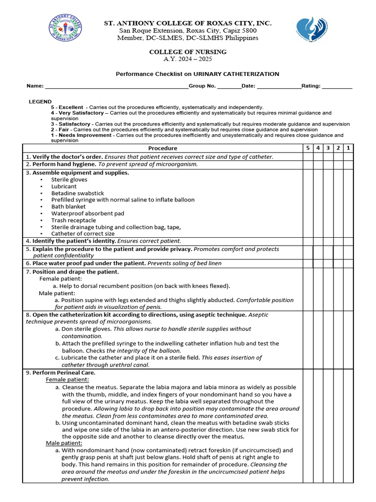 Catheterization Checklist | PDF | Catheter | Urinary Incontinence