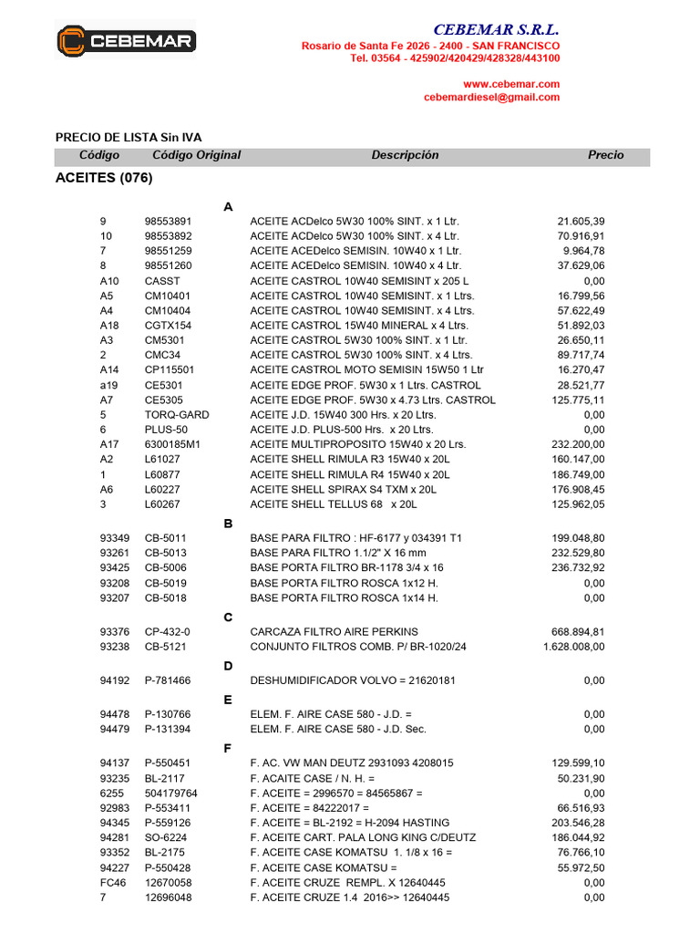 Oil and Filter Price List | PDF | Chevrolet | Industries