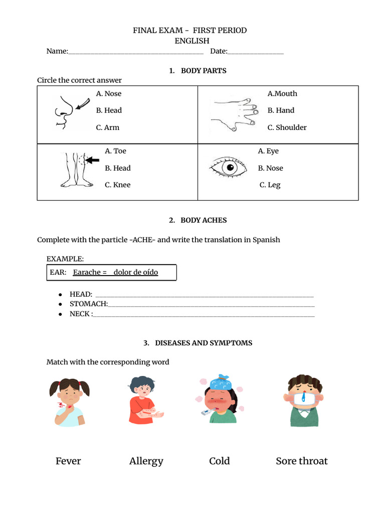 English Final Exam: Body Parts & Symptoms | PDF