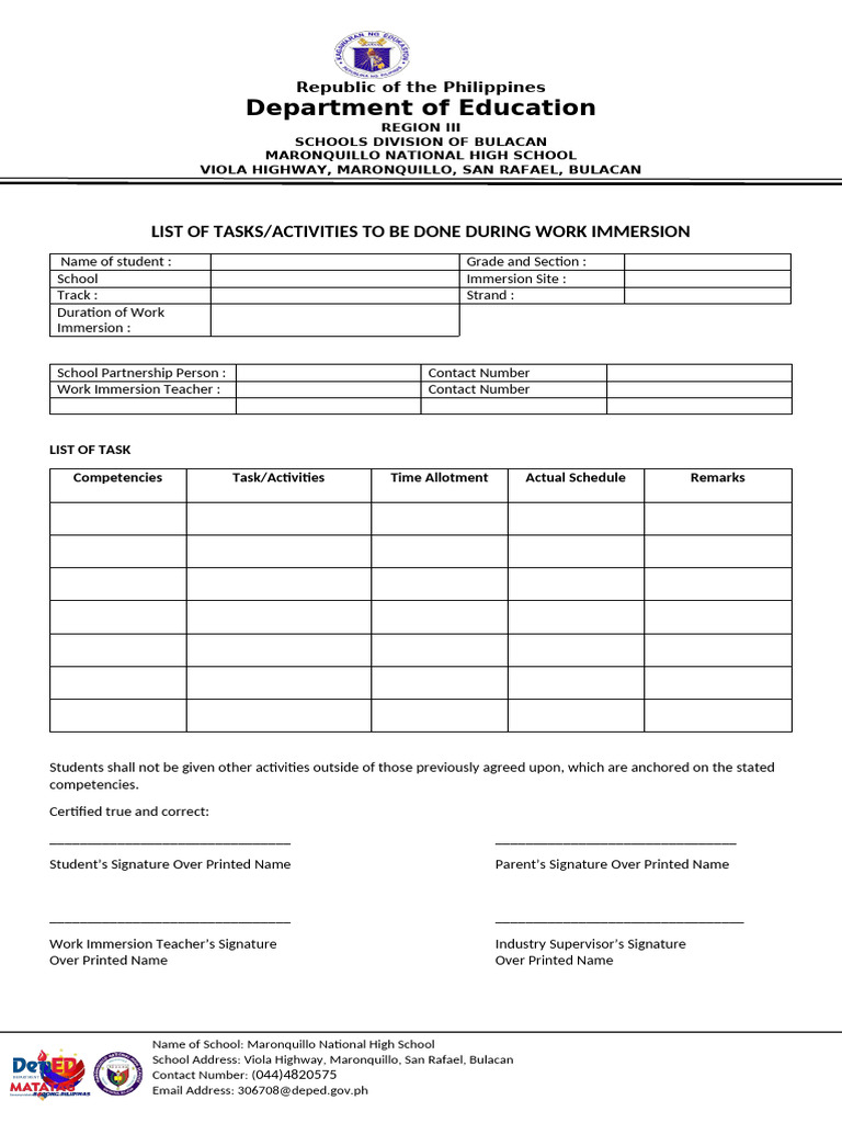 Work Immersion Tasks for Students | PDF