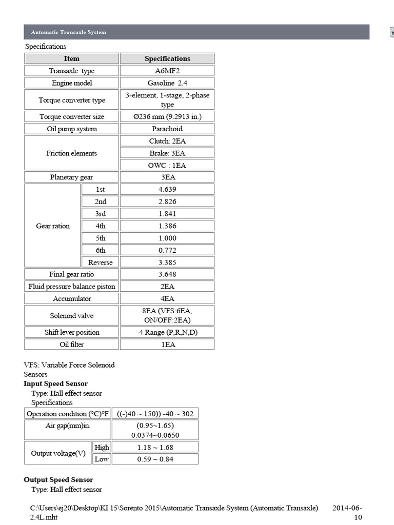 Automatic Transaxle System Specs | PDF | Automatic Transmission | Valve