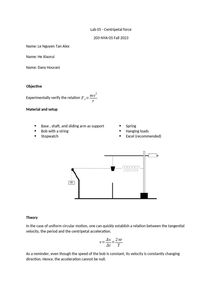 Centripetal Force and Acceleration Lab | PDF | Acceleration | Force