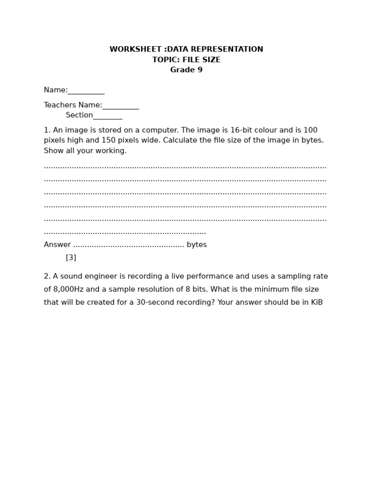 File Size Calculation Worksheet | PDF