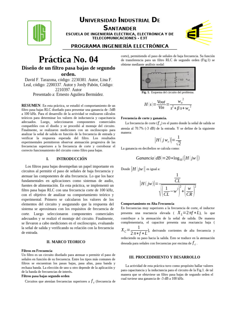 Diseño de Filtro Pasa Bajas RLC 100 kHz | PDF | Filtro electronico ...