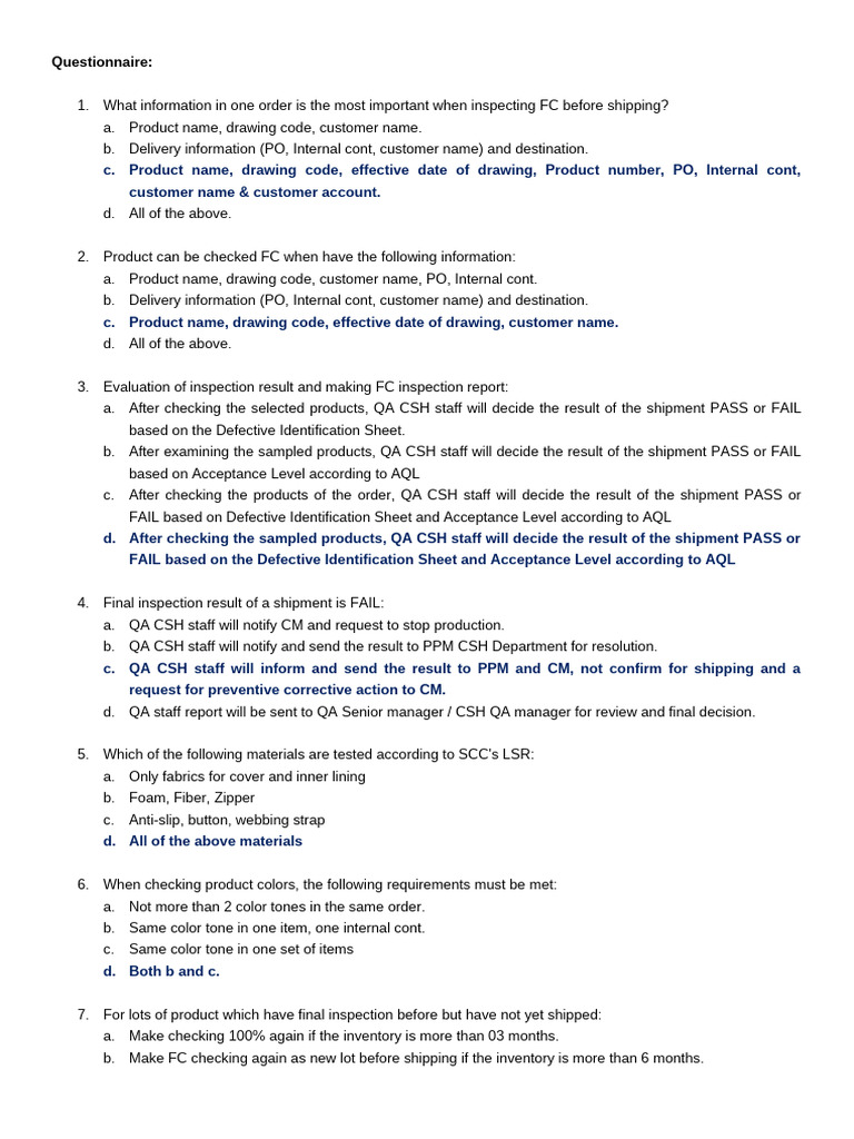 FC Inspection Questionnaire and Standards | PDF