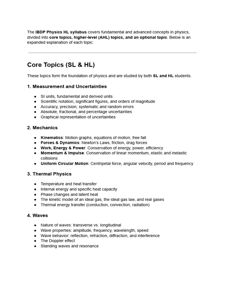 IBDP Physics HL Syllabus Overview | PDF | Force | Waves