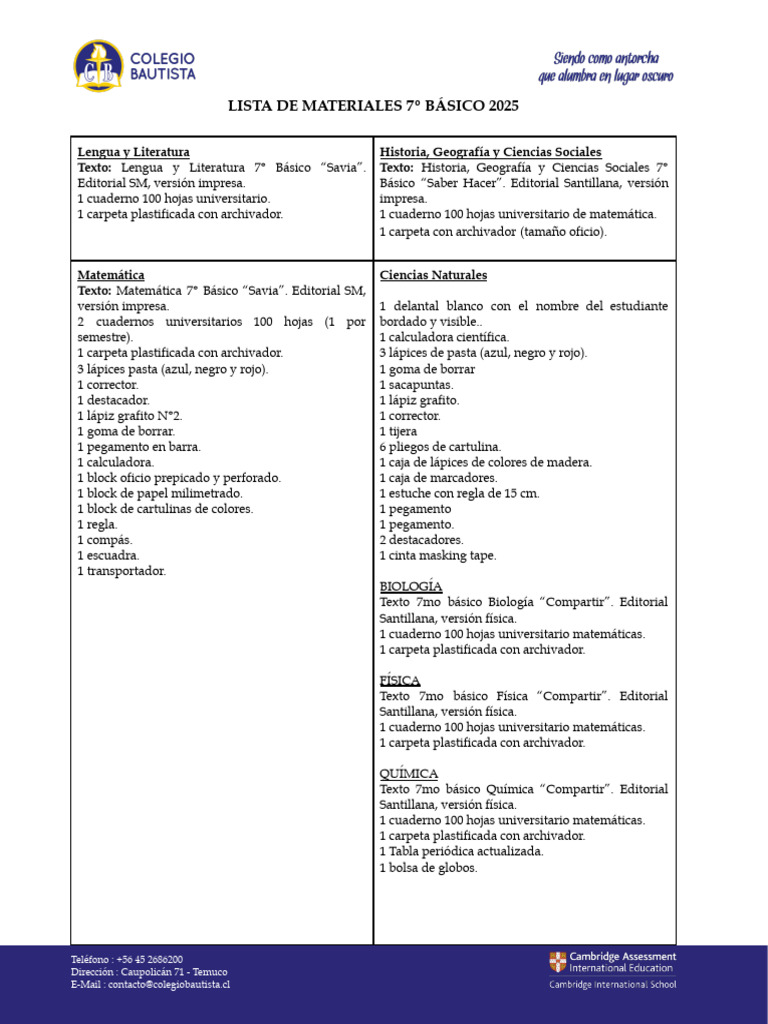 Materiales 7º Básico 2025 | PDF | Cuaderno | Lápiz