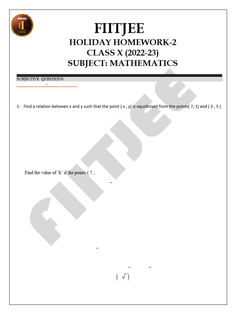 Class X Mathematics Holiday Homework | PDF | Triangle | Elementary ...