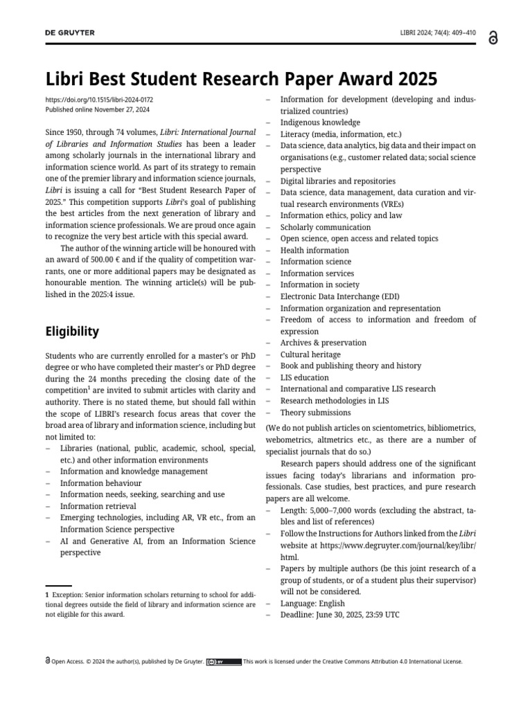 Libri 2025 Best Student Paper Award | PDF | Academic Publishing ...
