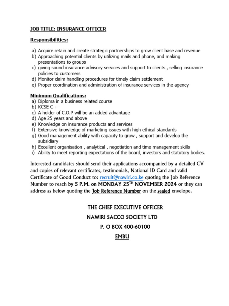Insurance Officer Position at Nawiri Sacco | PDF