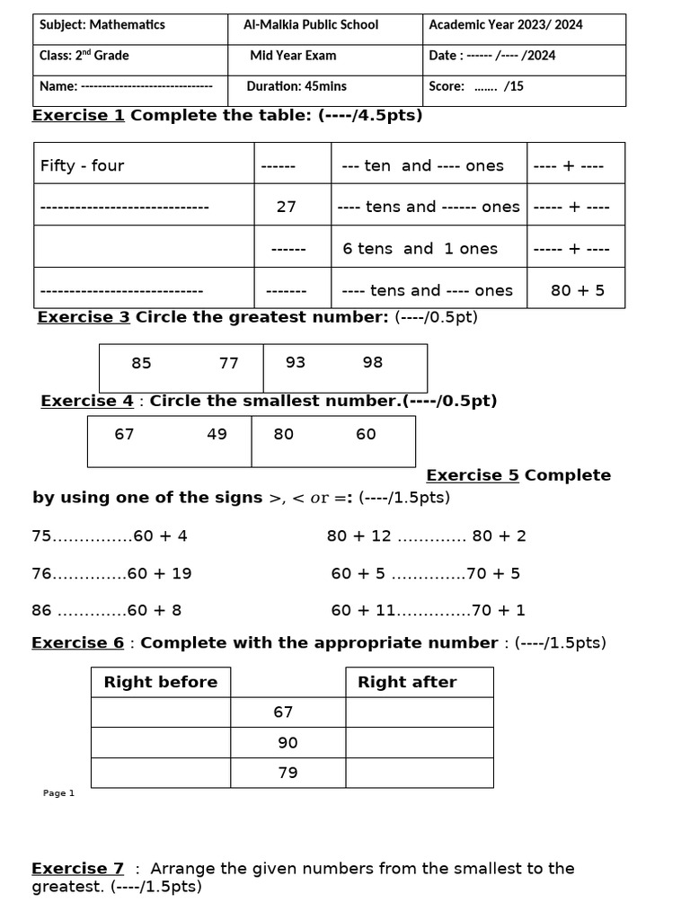 Mid Year Exam Math Grade( 2) 2024 (2) | PDF | Mathematics | Educational ...