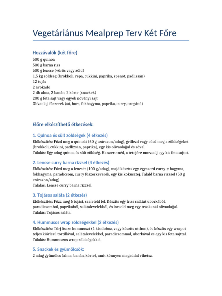 Vegetarianus Mealprep Terv Ket Fore | PDF