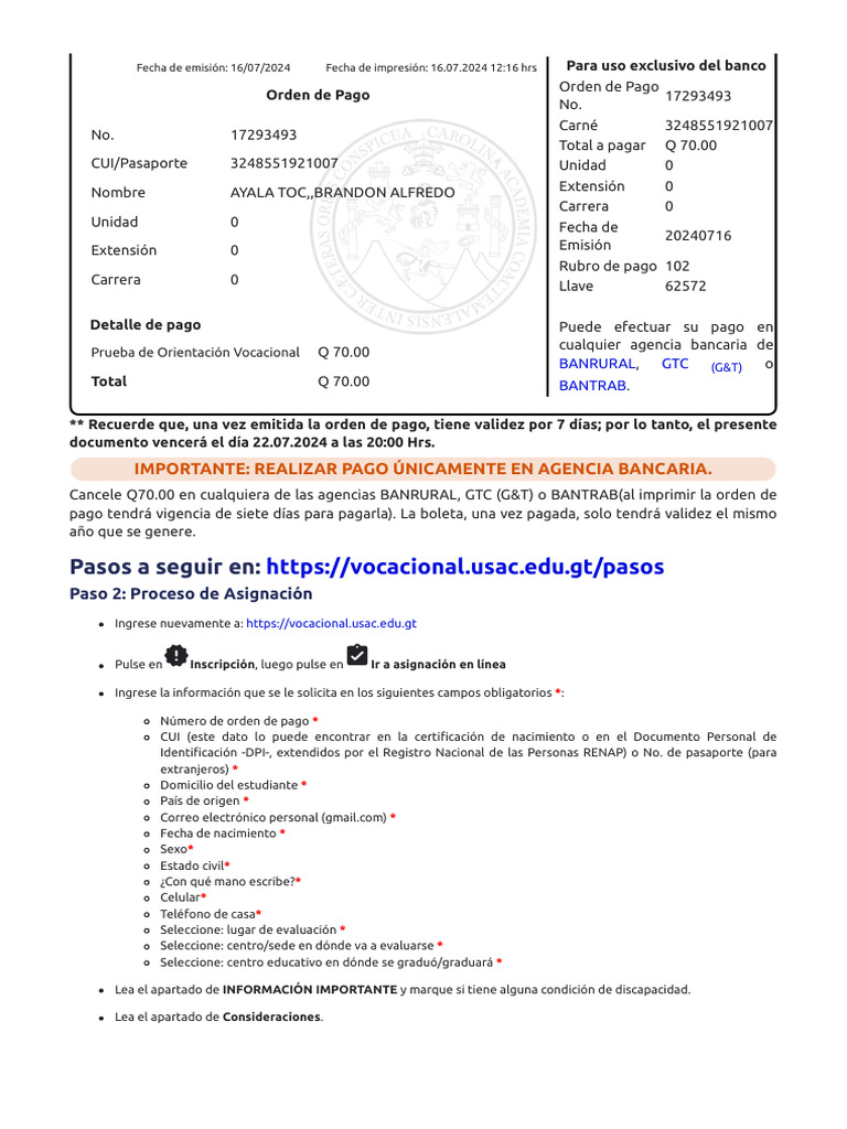 Orden de Pago USAC y Banca Virtual | PDF
