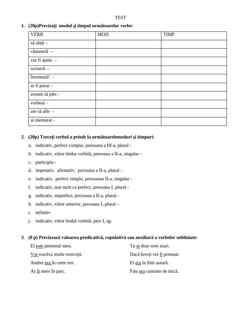 Test Verb Moduri Timpuri | PDF