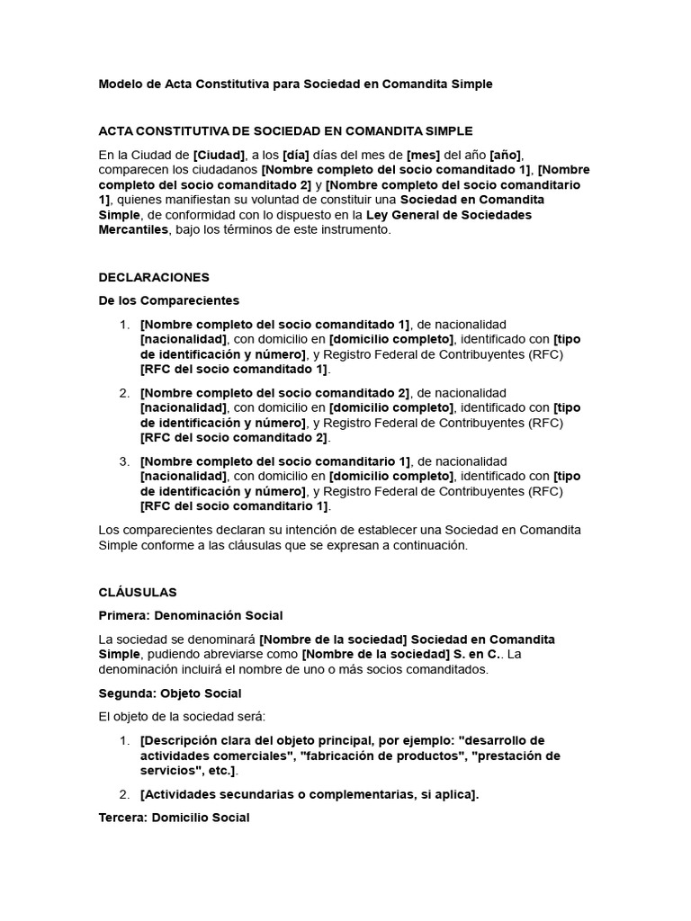 Acta Constitutiva Sociedad Comandita Simple | PDF | Sociedad de ...