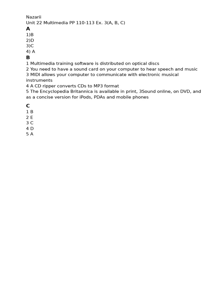 Unit 22 Multimedia PP 110-113 Ex. 1-5 (A) | PDF