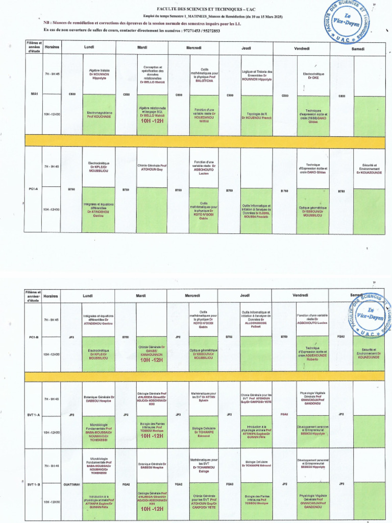 Emploi Du Temps Semestre 1 FAST- Séances de Remédiation Des L1 ...