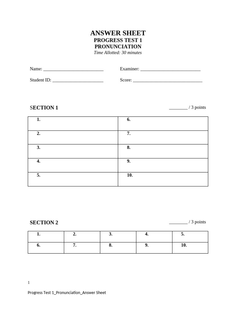 Pronunciation Progress Test Answer Sheet | PDF