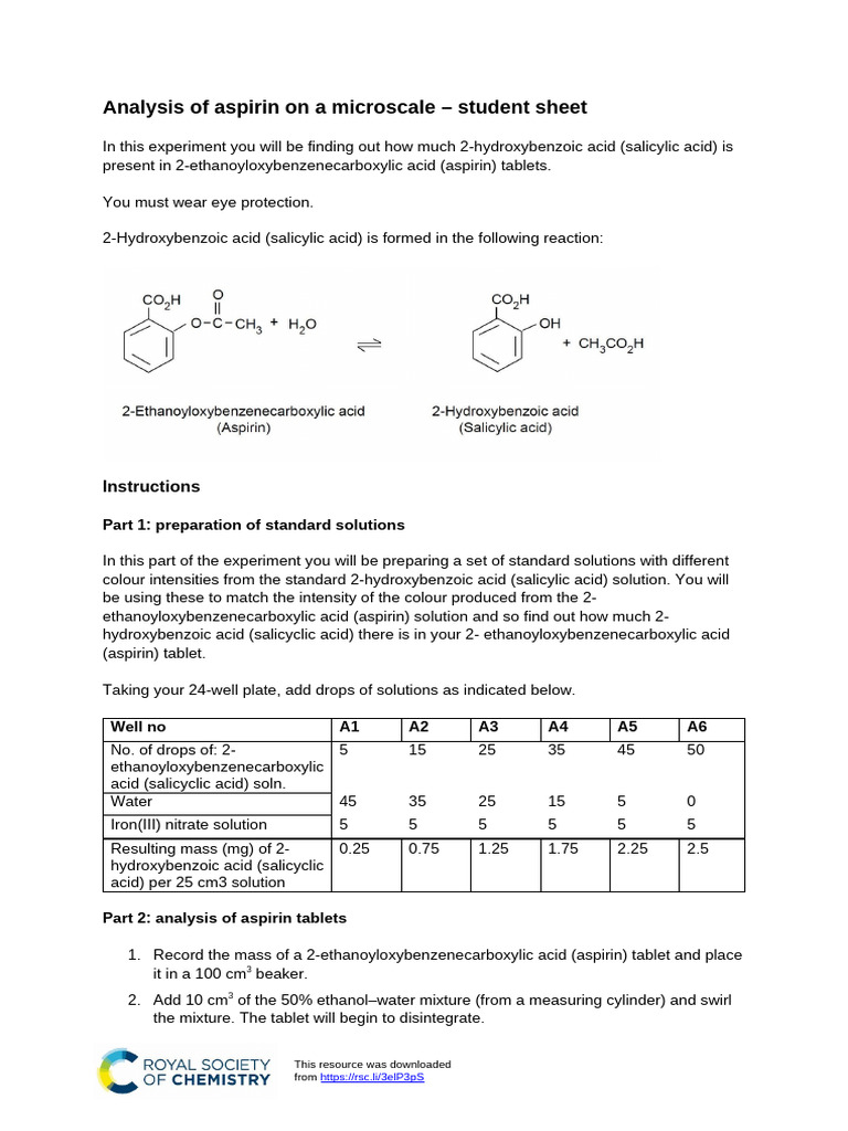 Analysis of Aspirin On A Microscale - Student Sheet: Instructions | PDF ...