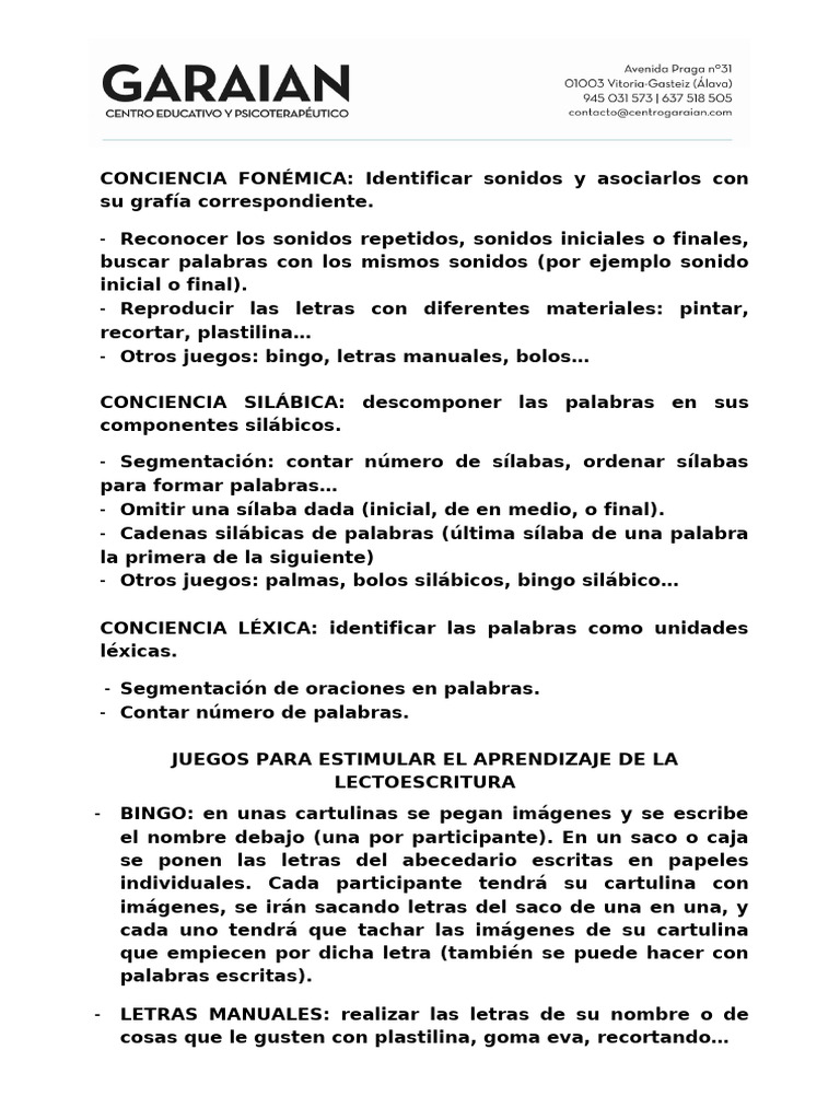 Juegos para desarrollar conciencia fonémica | PDF