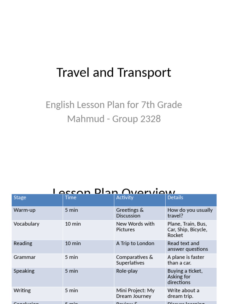 Travel and Transport Lesson Table Mahmud 2328 | PDF