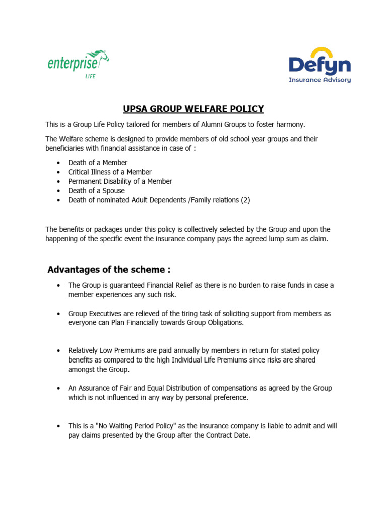 Upsa Group Welfare Policy | PDF | Insurance | Welfare