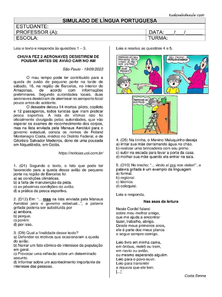 Simulado Saeb - Portugues 5ano - Tudo Sala de Aula | PDF