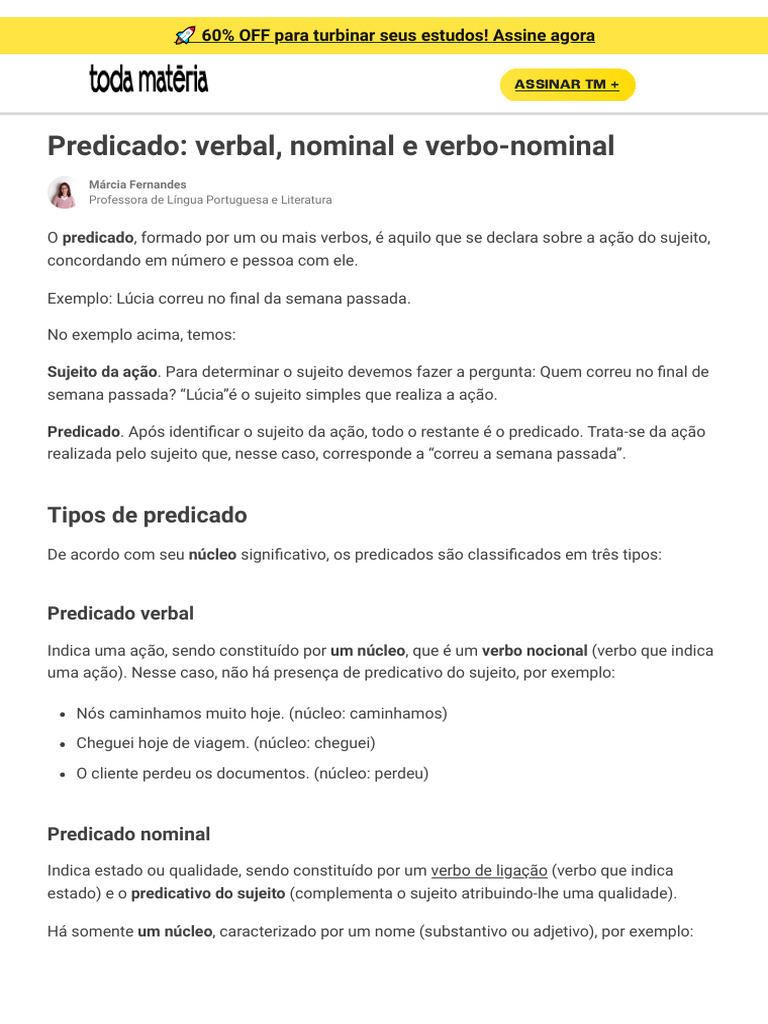 Tipos de Predicado: Verbal e Nominal | PDF | Assunto (gramática ...