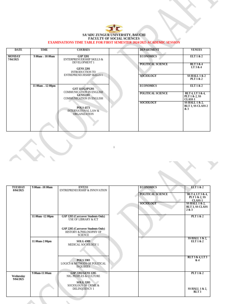 SUA 2025 First Semester Exam Timetable | PDF | Economics | Liberal Arts ...