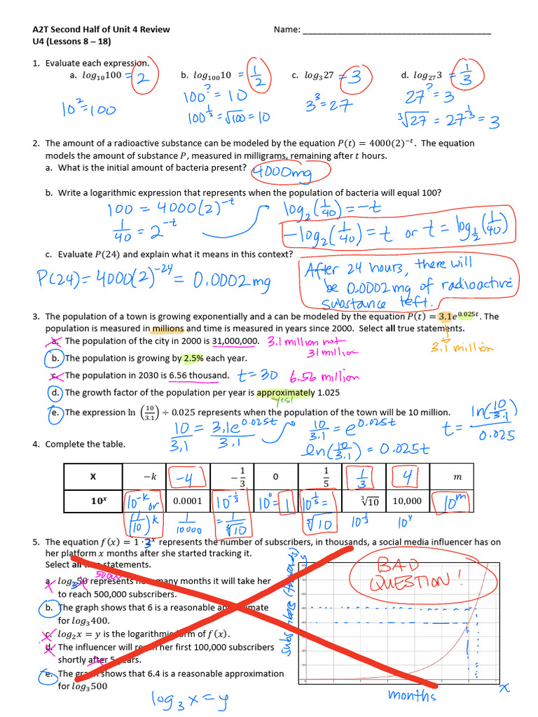 ANSWERS U4 End of Unit Review (Lessons 8 - 18) | PDF | Mathematics ...