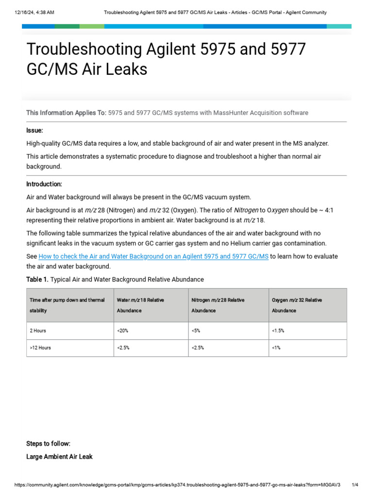 Troubleshooting Agilent 5975 and 5977 GC - MS Air Leaks - Articles - GC ...