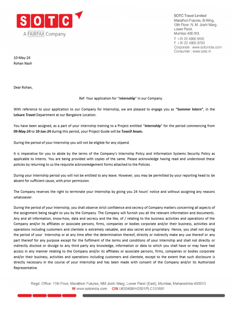 SOTC Summer Internship Offer Letter | PDF | Justice | Crime & Violence