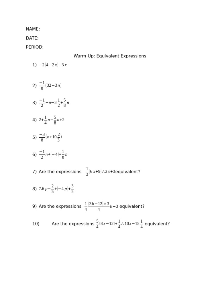 7th+and+8th+Warm+Up+Equivalent+Expressions+1!6!25 | PDF