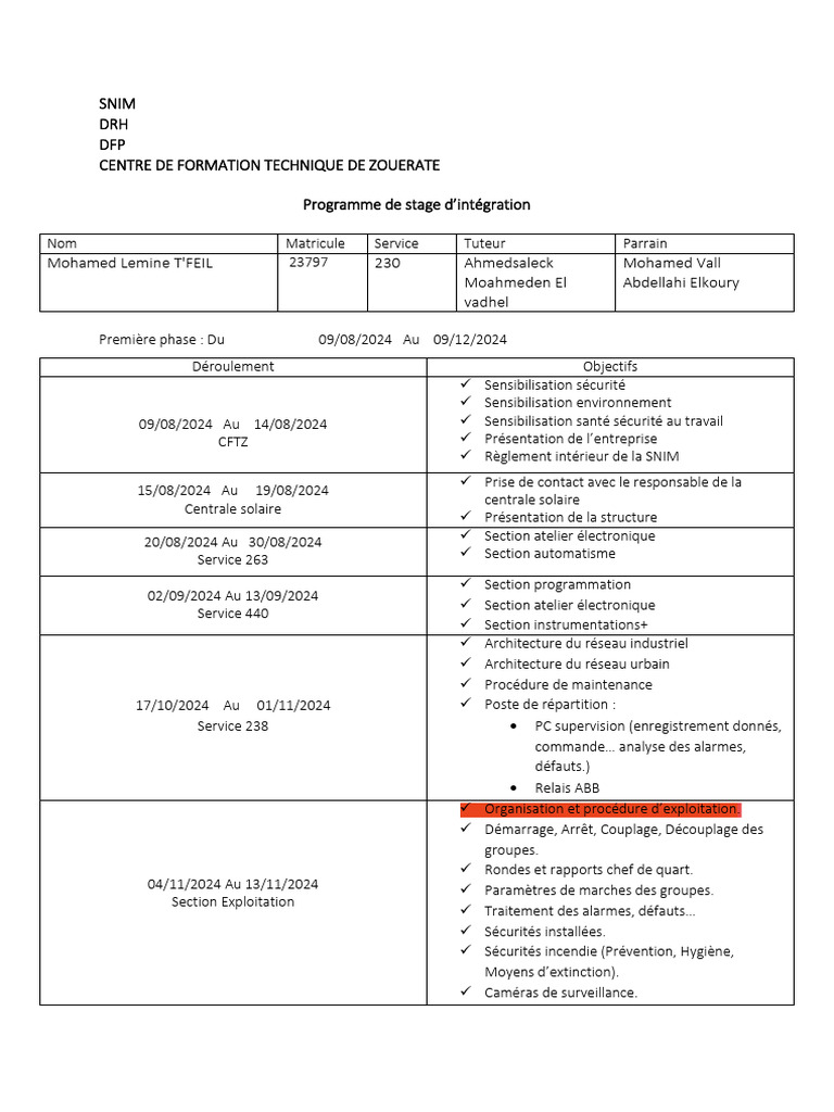 Programme de stage d'intégration SNIM | PDF