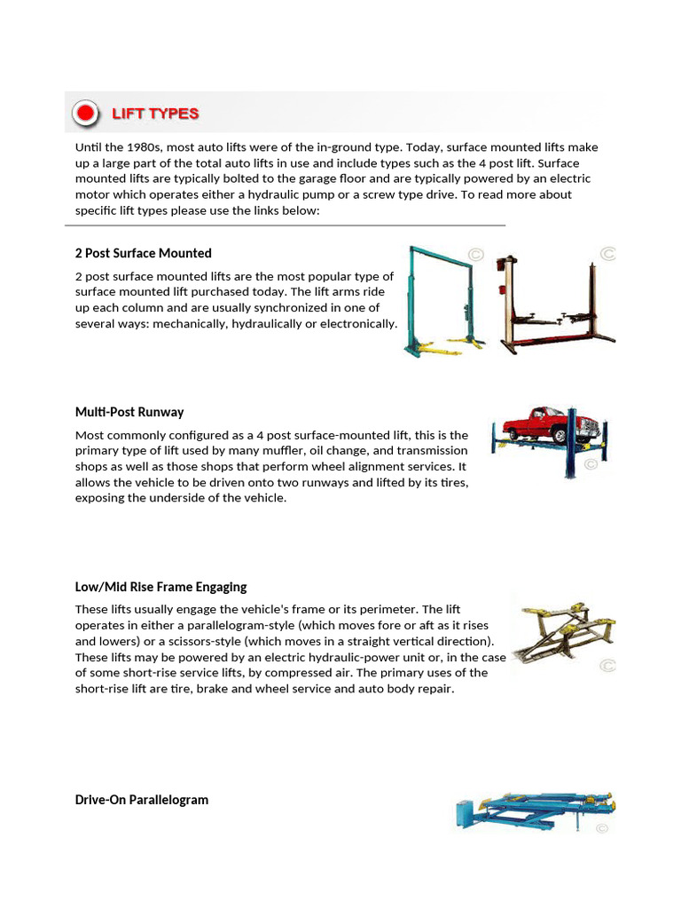 Types of Automotive Lifts Explained | PDF | Elevator | Vehicles
