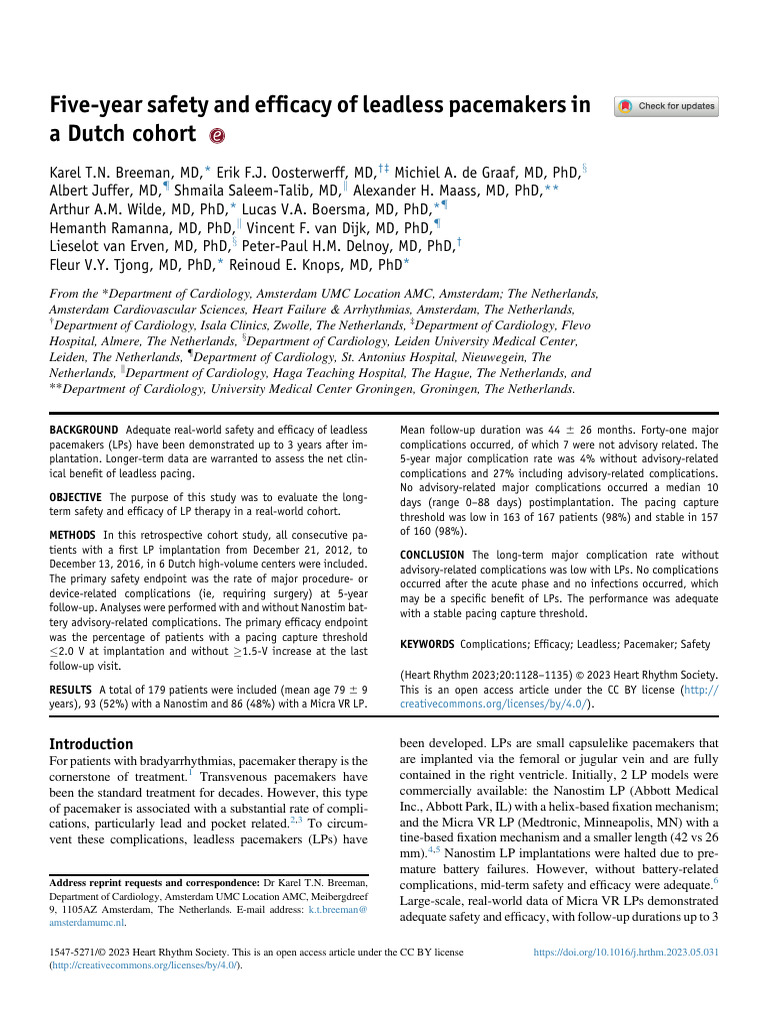Five Year Safety and Efficacy of Leadless Pacemaker | PDF | Artificial ...